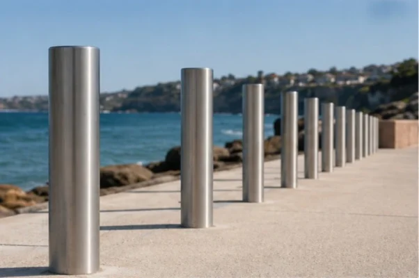 316 stainless steel bollards installed along a coastal walkway in Sydney with ocean exposure