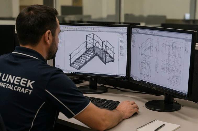 Engineer creating 3D CAD model for custom metal fabrication project in Sydney workshop