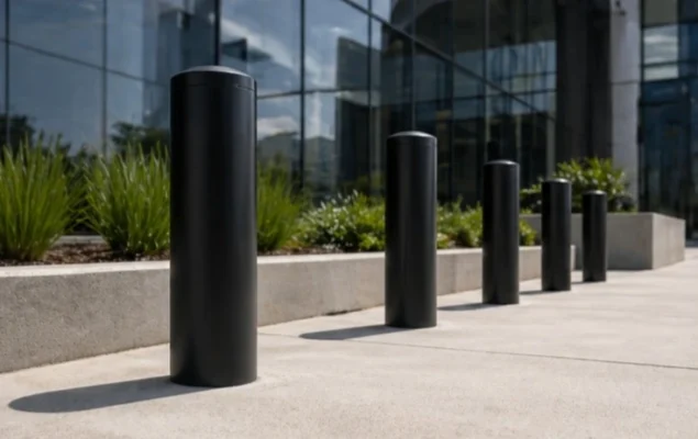 black powder-coated duplex bollards in a commercial urban environment with modern finish