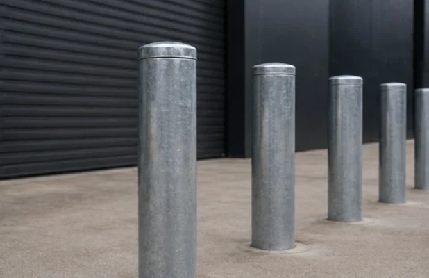 hot-dip galvanised steel bollards in an industrial setting with durable zinc coating finish