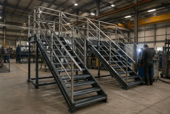 Custom fabricated industrial steel stairs and platform inside a metal workshop