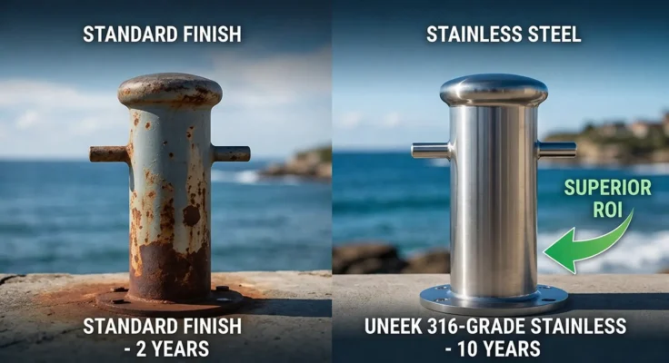 A side-by-side comparison shows the 10-year durability of Uneek 316-grade stainless steel and standard metal finishes.