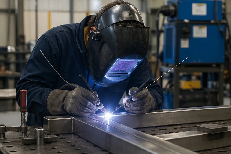 Skilled worker performing TIG welding on stainless steel for precision metal fabrication