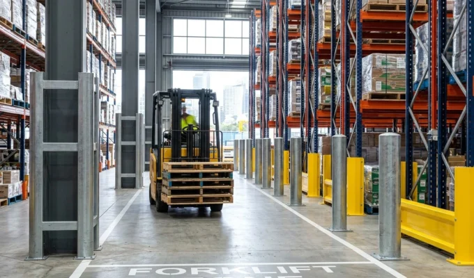 A yellow forklift navigating a safe Sydney warehouse aisle protected by heavy-duty steel bollards and safety barriers.