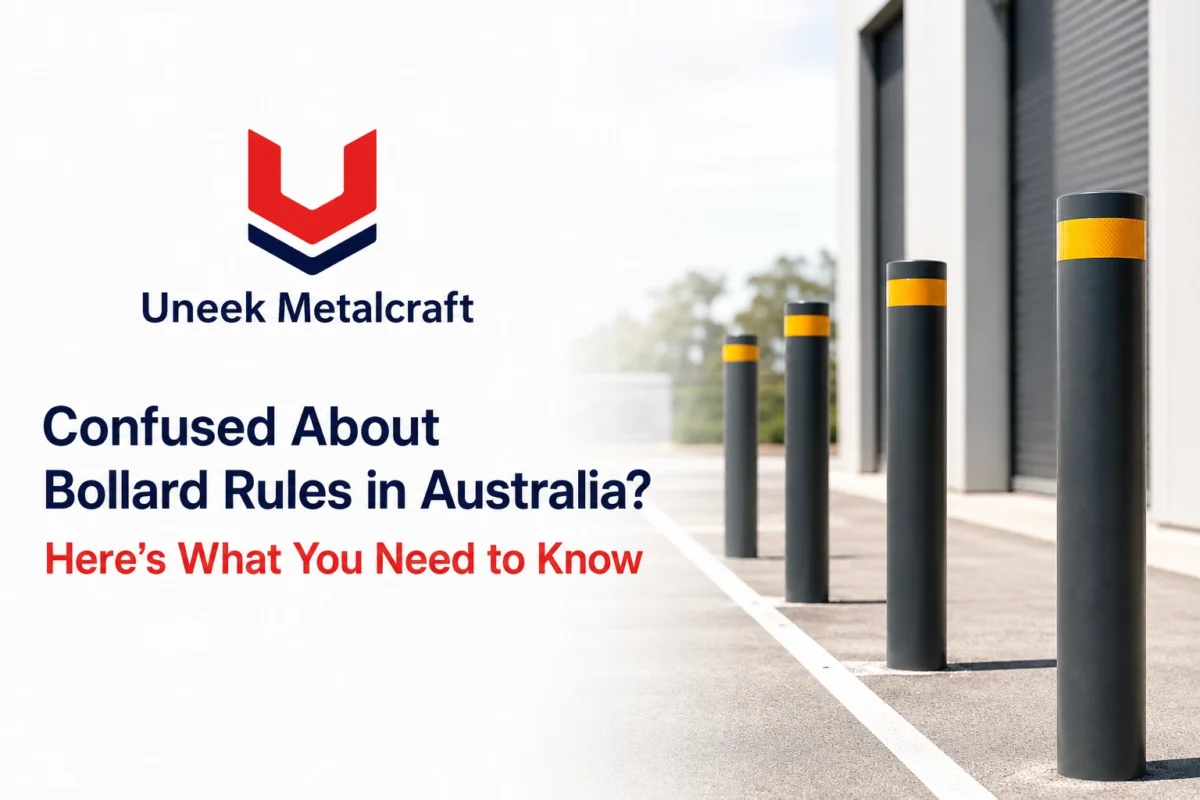 Uneek Metalcraft guide cover explaining Australian bollard regulations with black safety bollards.