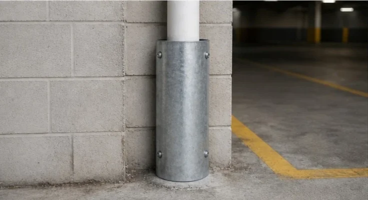 Corner guard fitted to car park column corner in Sydney by Uneek MetalCraft to prevent wall and vehicle damage