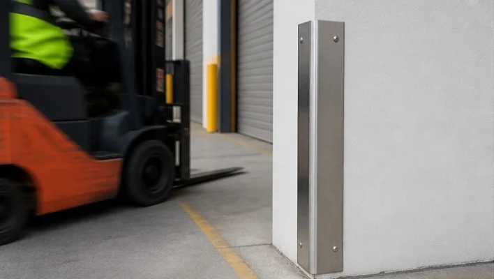 Galvanised downpipe protector fitted around exposed pipe in Sydney car park to prevent forklift damage