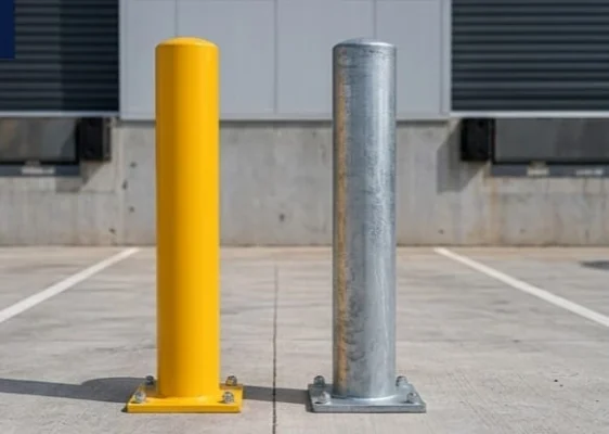 A side-by-side comparison of a safety yellow powder coated surface mount bollard and a silver hot-dip galvanised steel bollard in an outdoor commercial car park.