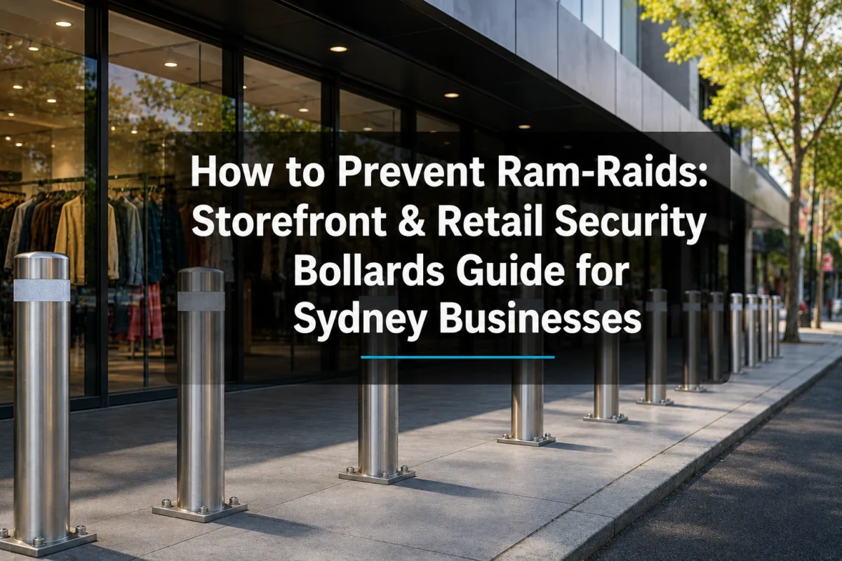 Heavy-duty security bollards installed outside a modern retail storefront in Sydney to prevent ram-raids and protect commercial businesses.