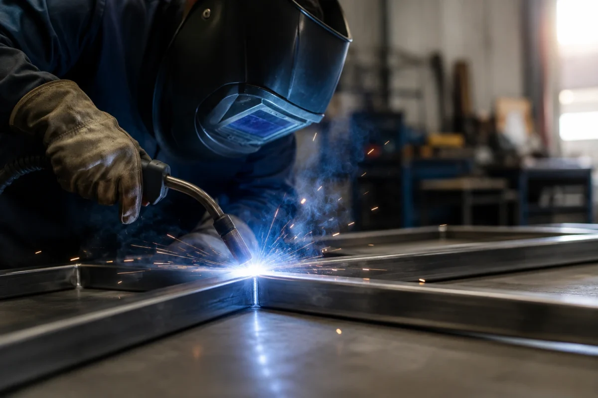 Worker welding steel frame inside a professional metal fabrication workshop in Australia