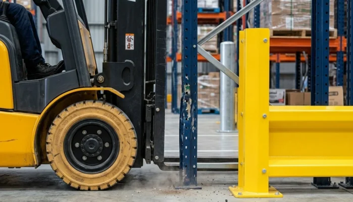 Close-up of a forklift colliding with a warehouse rack upright, demonstrating the need for protective steel column guards.