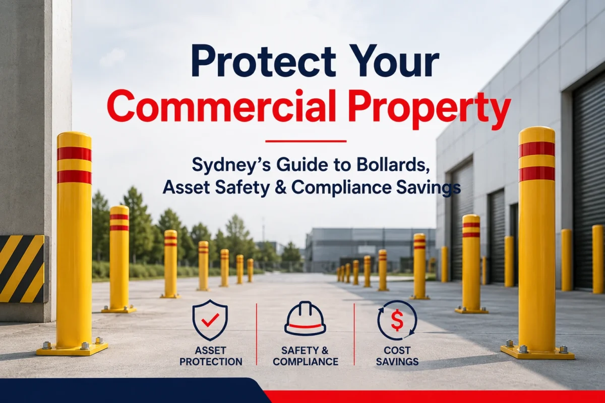 A professional hero banner showing yellow safety bollards installed at a Sydney commercial warehouse with icons for asset protection, safety compliance, and cost savings.