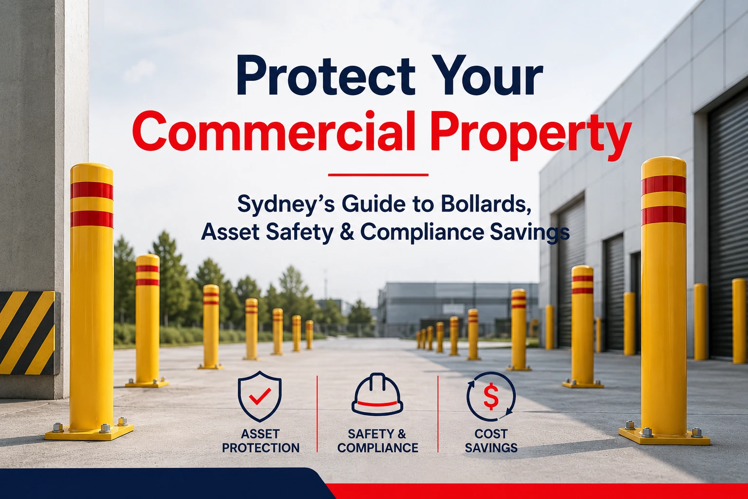 A professional hero banner showing yellow safety bollards installed at a Sydney commercial warehouse with icons for asset protection, safety compliance, and cost savings.