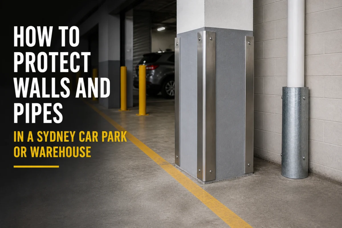 Stainless steel corner guard installed on warehouse wall column in Sydney protecting against vehicle impact