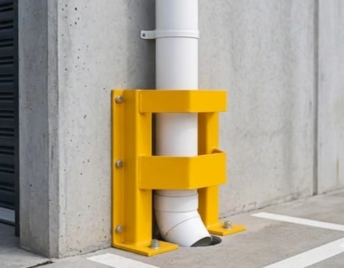 A safety yellow heavy-duty steel downpipe protector bolted to a concrete wall to shield a commercial building's plumbing from vehicle collisions.