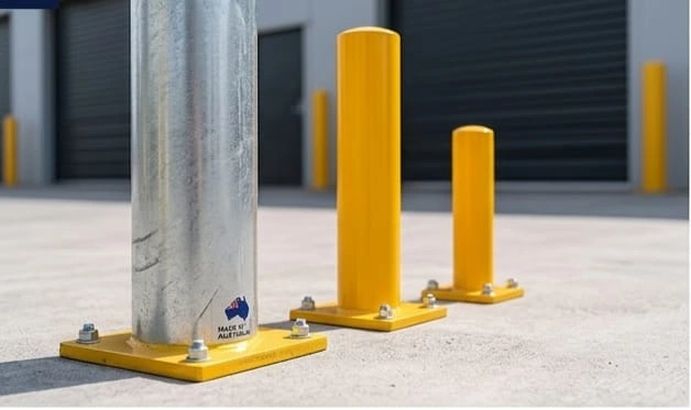 Three different sizes of heavy-duty surface mount safety bollards installed in a row on a concrete warehouse floor.