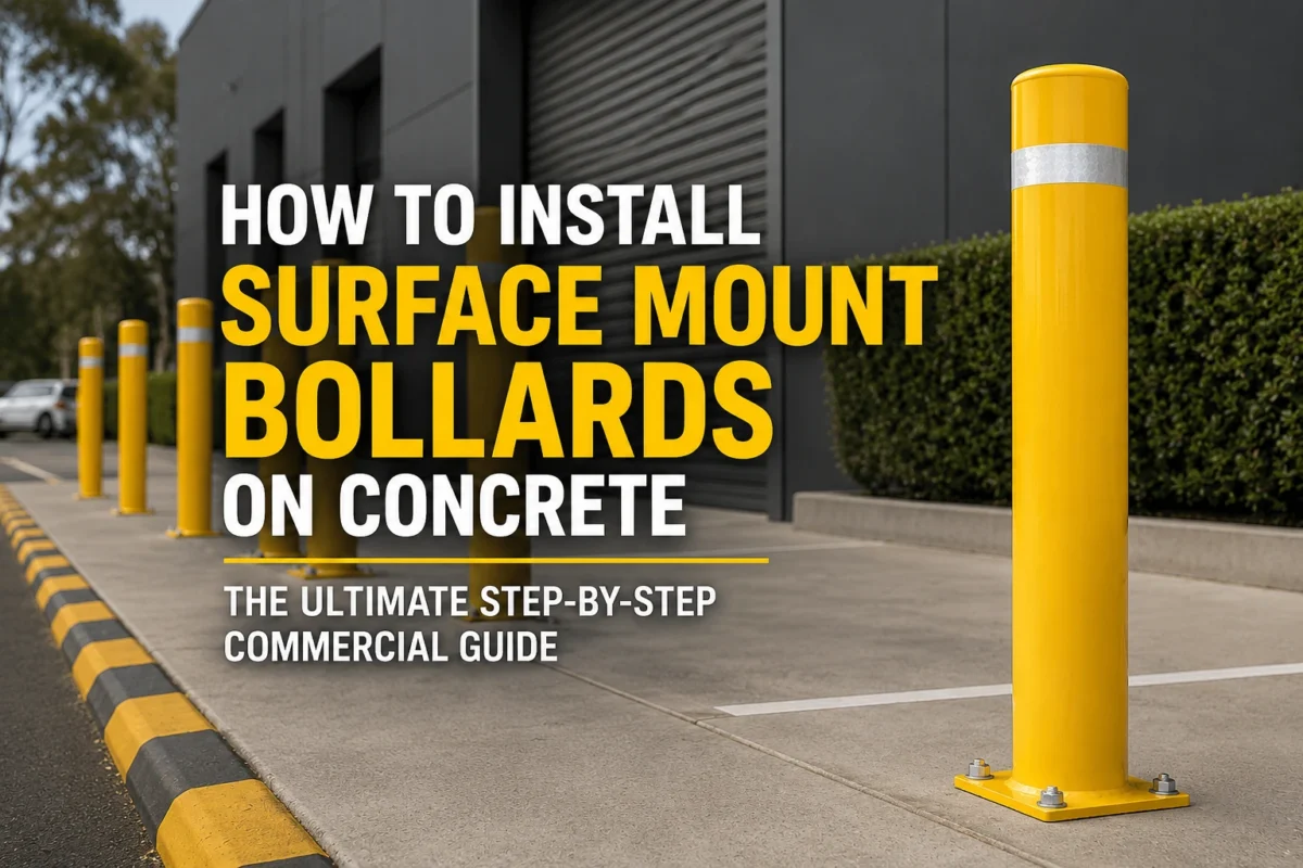 Yellow surface mount bollards installed on a commercial concrete slab outside an industrial warehouse with step-by-step installation guide text overlay.