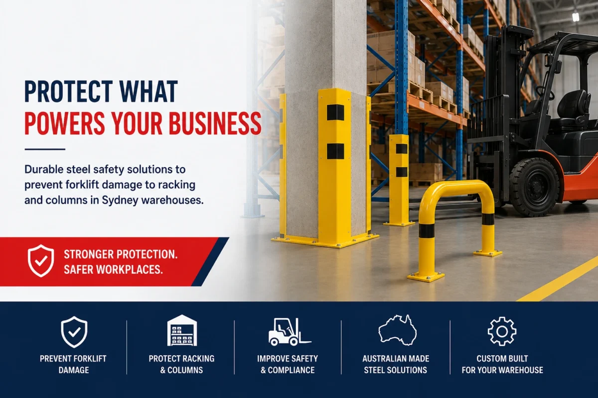 Warehouse racking protection in a Sydney warehouse with forklift safety barriers, column guards and steel rack protectors preventing impact damage.