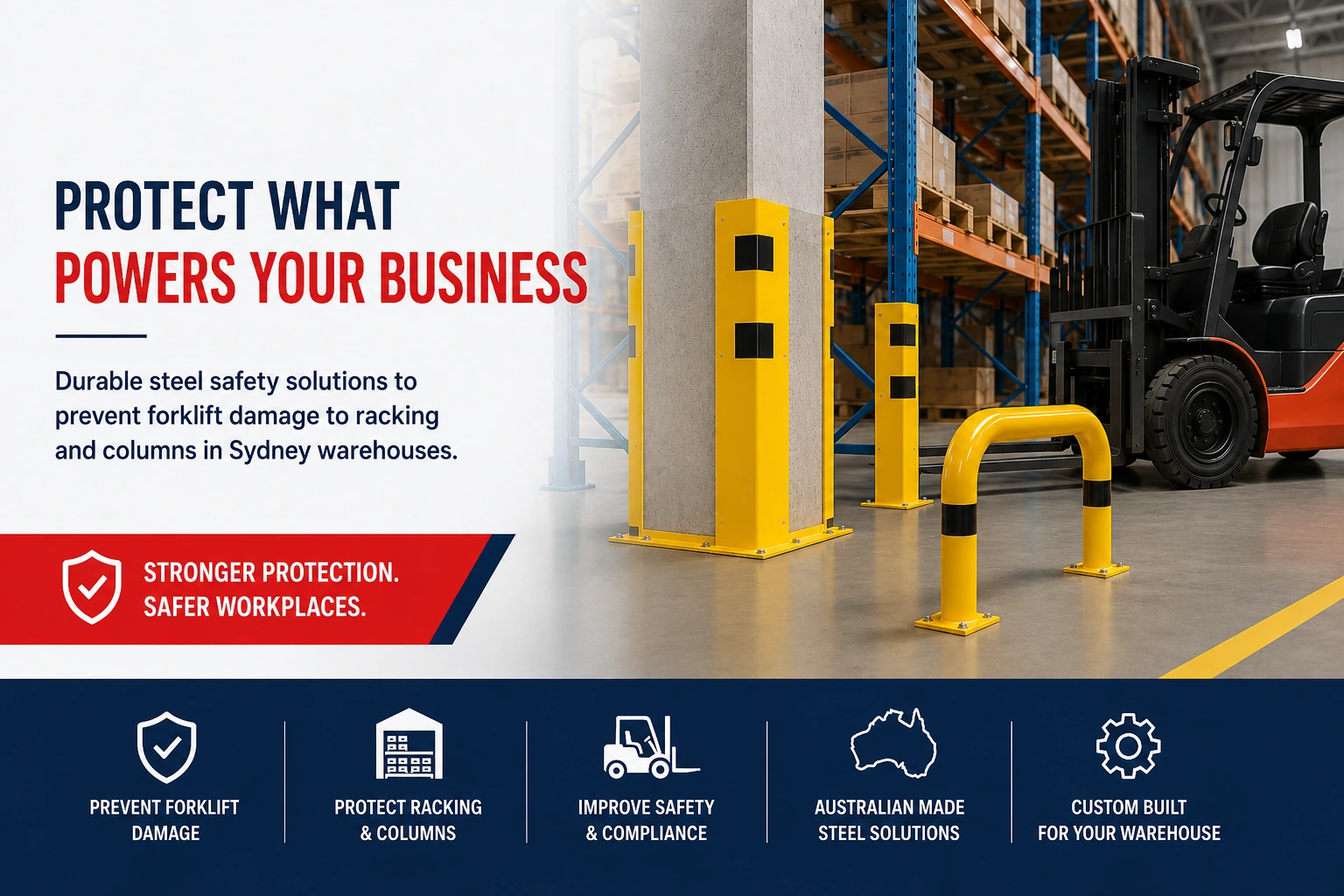 Warehouse racking protection in a Sydney warehouse with forklift safety barriers, column guards and steel rack protectors preventing impact damage.