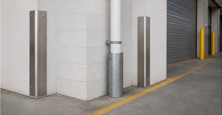 Sydney warehouse showing both corner guards and downpipe protectors installed together for complete wall and pipe protection