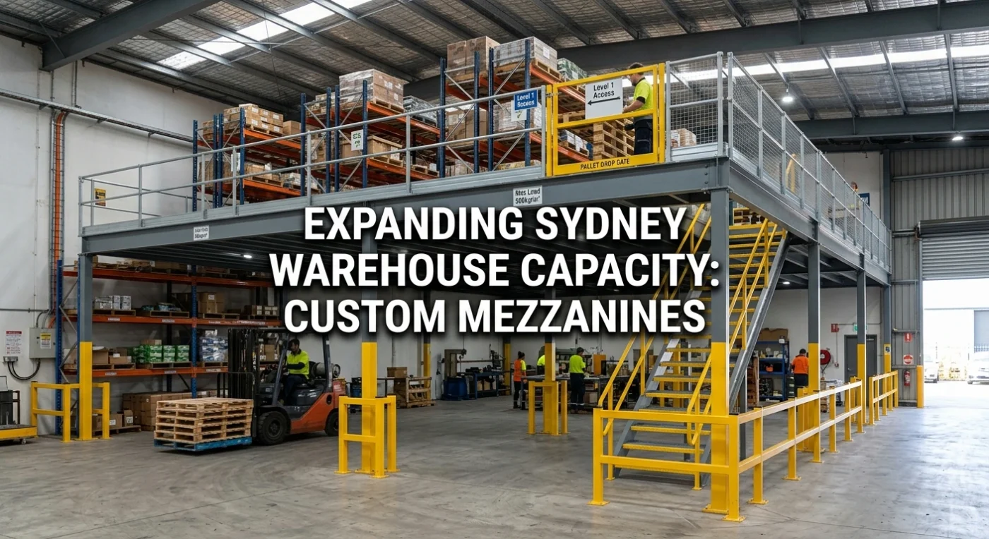 Custom steel mezzanine floor installed in a Sydney warehouse with safety handrails and yellow column guards.