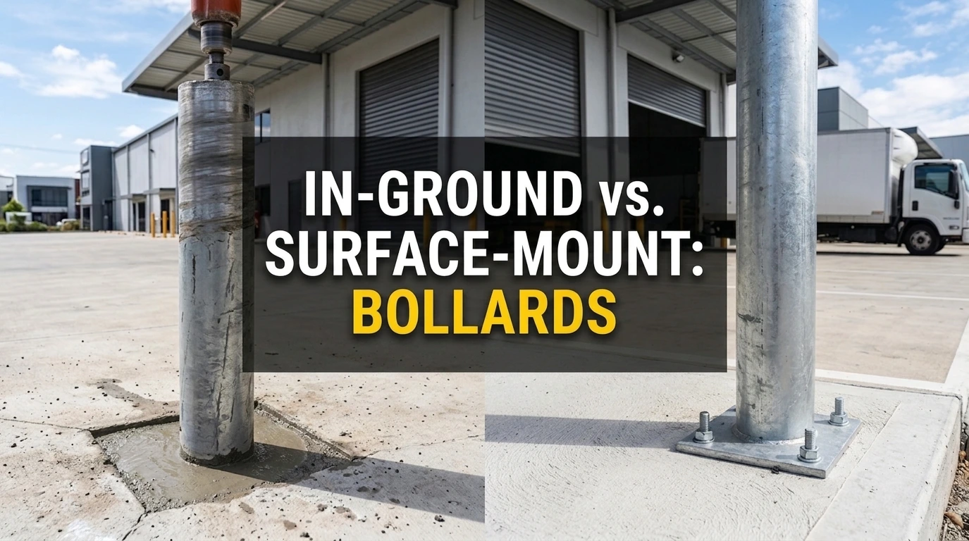 In-ground core-drilled bollard versus surface-mount bolt-down bollard comparison with overlay text "IN-GROUND vs. SURFACE-MOUNT: BOLLARDS."