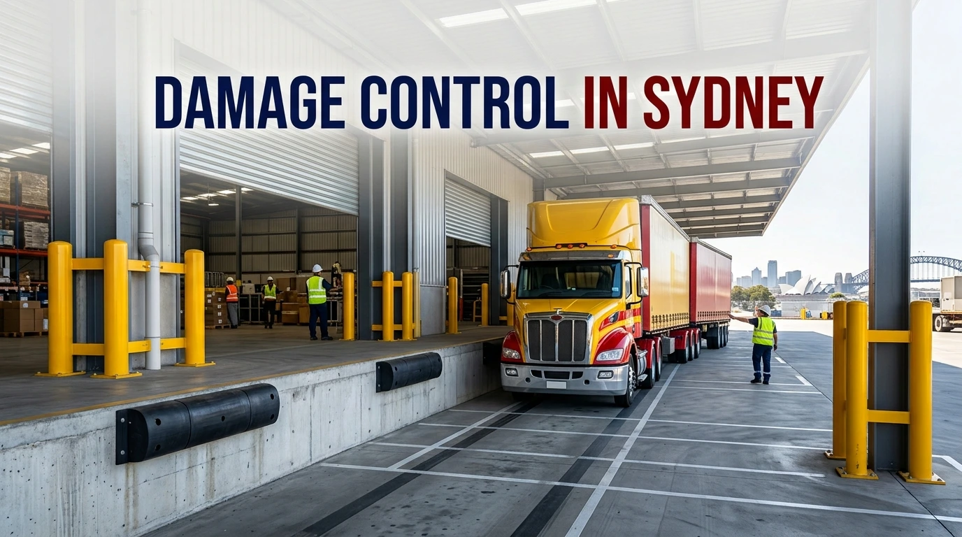 Sydney loading dock with yellow bollards, bumpers, and a reversing semi-truck.